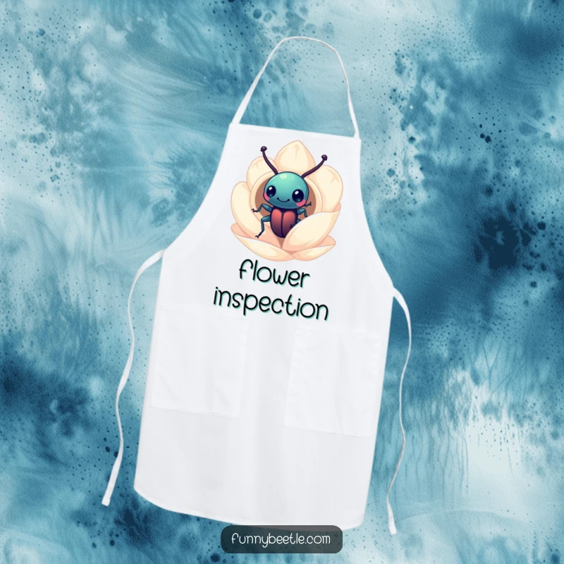 Funny beetle apron showing a curious beetle peering into a miniature flower petal home, a humorous and practical kitchen accessory.