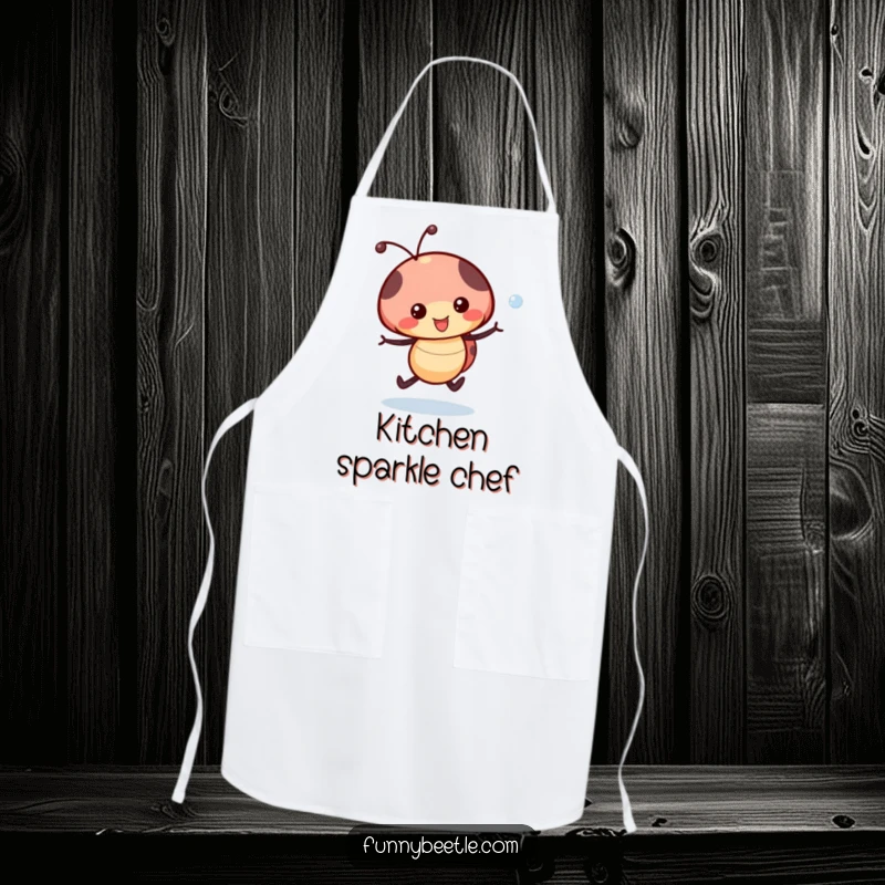 Funny Ladybug Apron: A happy ladybug skips with a dewdrop, adding a touch of whimsical humor to kitchen attire.