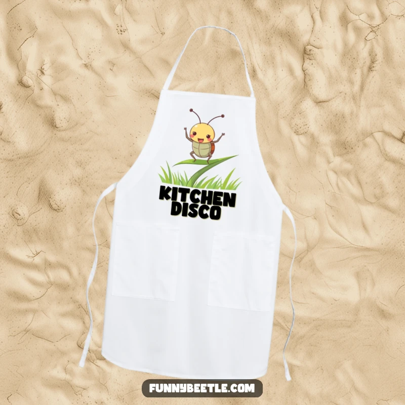 Funny beetle apron showing a joyful beetle dancing with antennae perked up on a blade of grass, a humorous kitchen accessory.