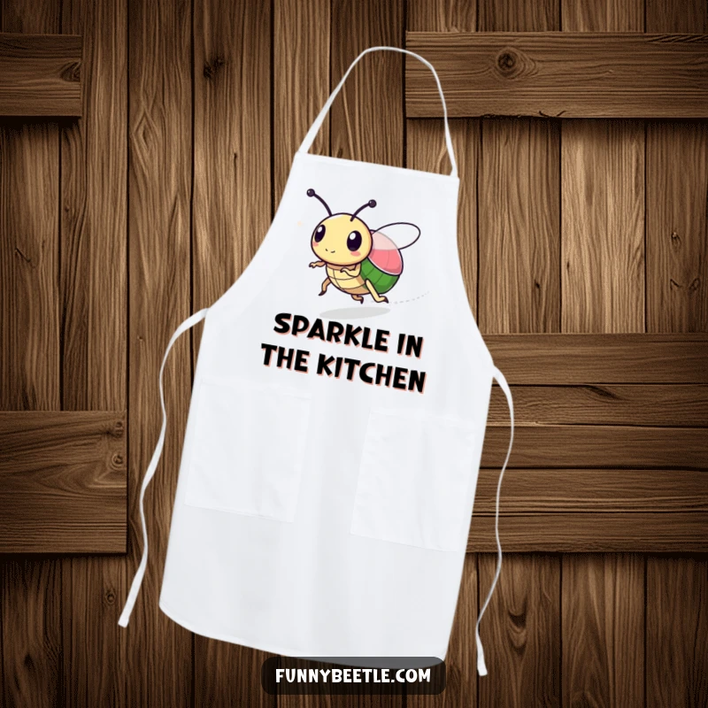 Funny apron depicting a speedy beetle leaving a sparkly trail, perfect for cooks who add a touch of magic and speed to their creations.