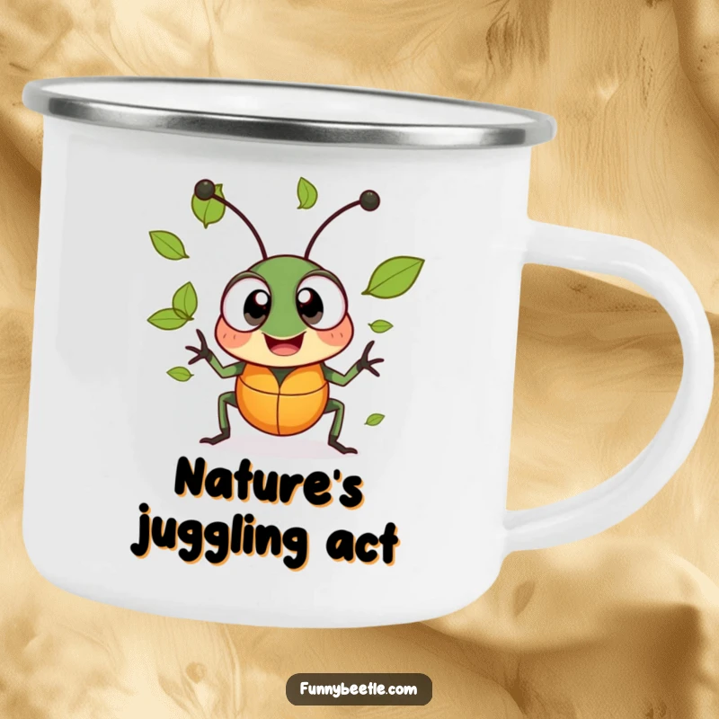 Funny enamel camping mug with a cheerful beetle juggling tiny leaves, perfect for fun nature adventures.
