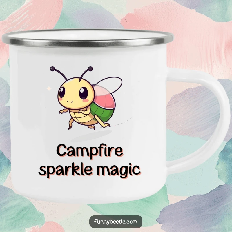 Funny camping mug featuring a speedy beetle leaving a sparkly trail, symbolizing magical adventures and a humorous touch for outdoor enthusiasts.