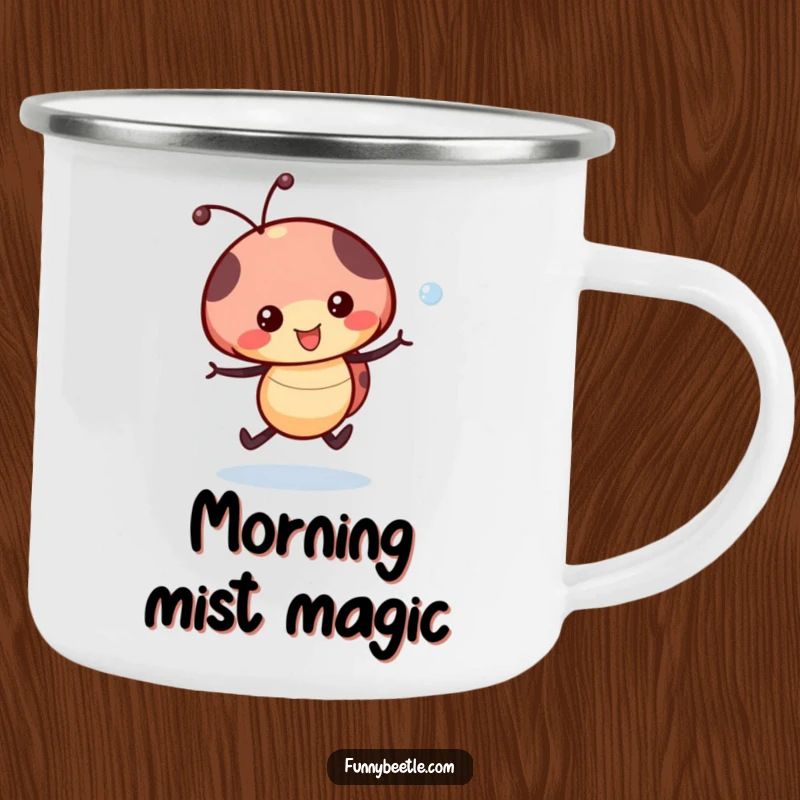 Funny Ladybug Camping Mug: A happy ladybug skips with a dewdrop, perfect for enjoying drinks outdoors with cheer.