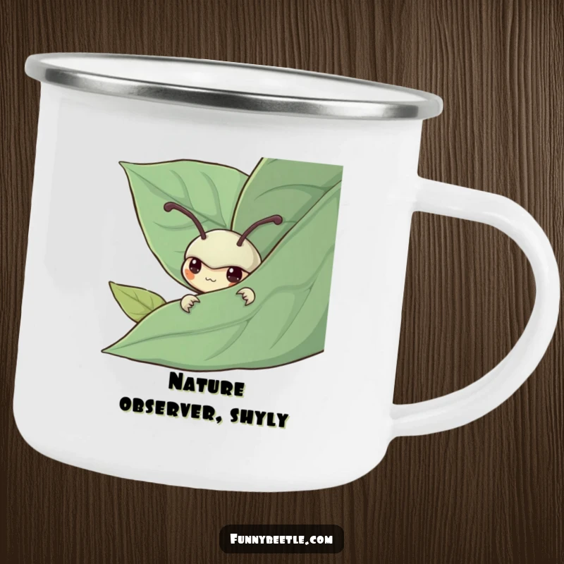 Funny camping mug featuring a shy beetle peeking from behind a leaf, symbolizing quiet reflection and gentle humor for outdoor enthusiasts.