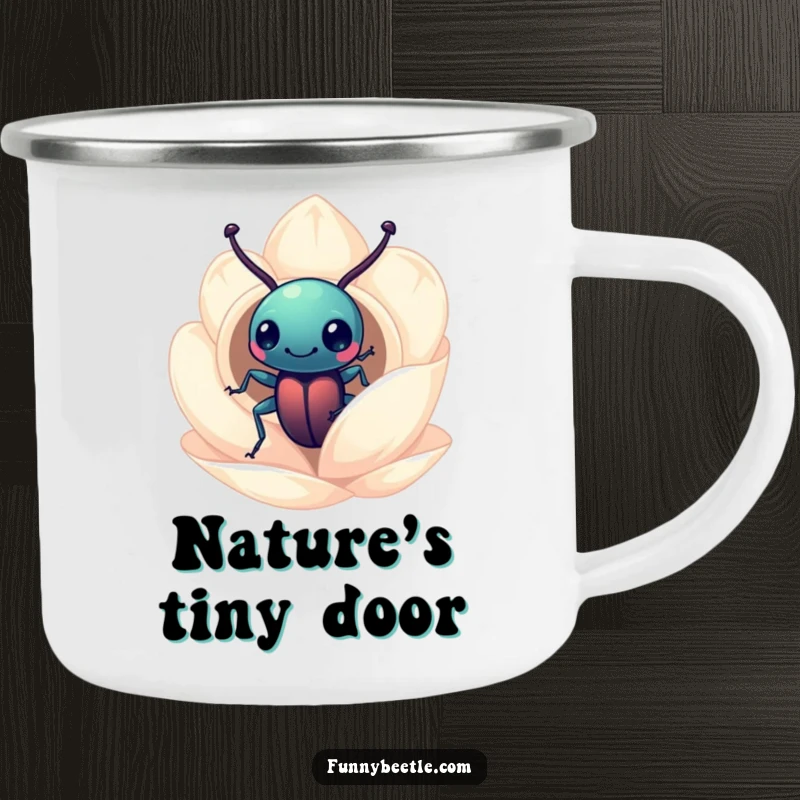 Funny beetle camping mug with a curious beetle peering into a miniature flower petal home, great for outdoor use and humorous enjoyment.