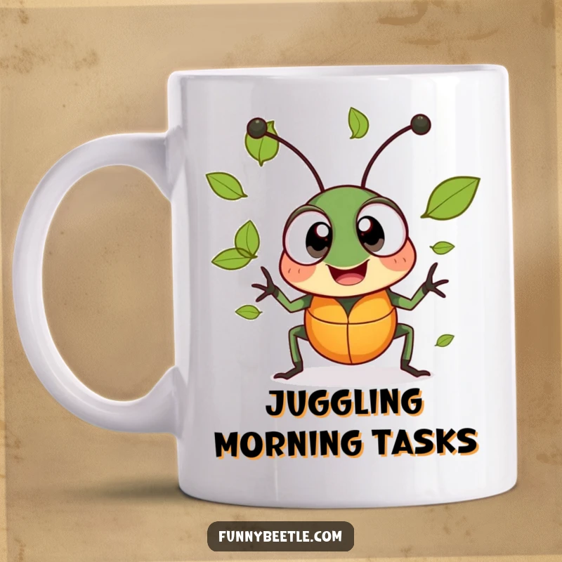 Funny ceramic mug featuring a cheerful beetle with large, excited eyes, attempting to juggle tiny leaves, radiating enthusiasm.