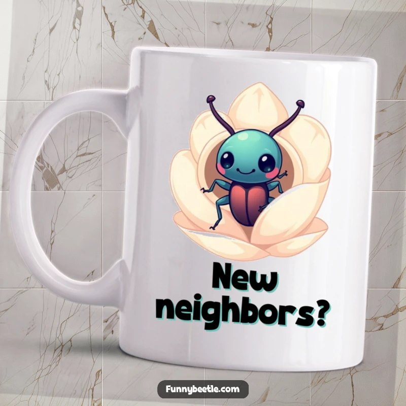 Funny curious beetle mug showing a beetle peering into a miniature flower petal home, evoking wonder and gentle humor.