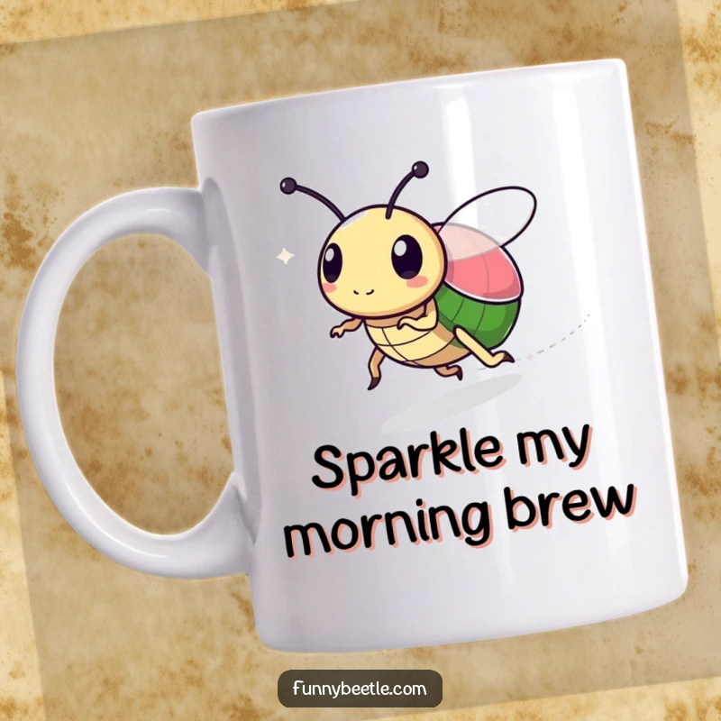Funny mug featuring a speedy beetle character leaving a faint, sparkly trail, symbolizing quick movement and a touch of whimsical magic.