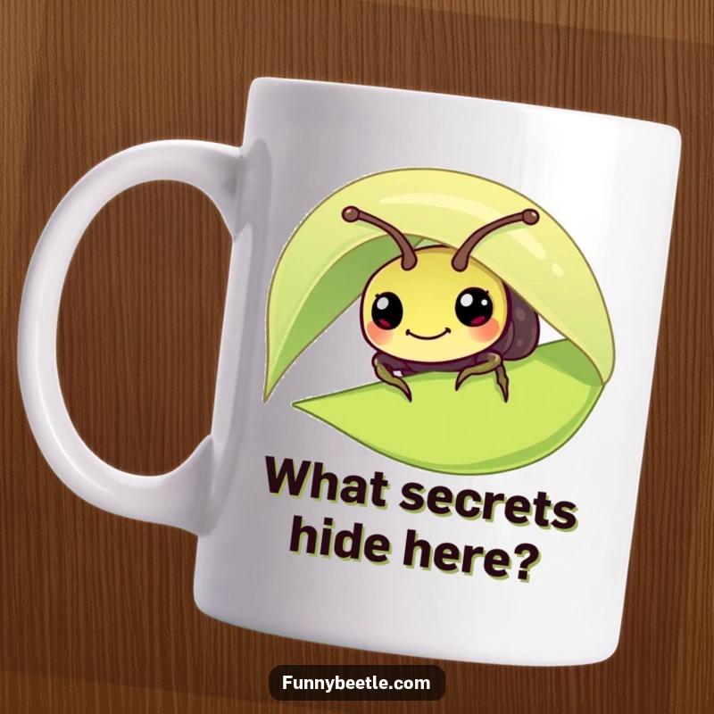 Funny mug featuring a curious little beetle peeking out from under a big green leaf, showcasing its playful and investigative personality.