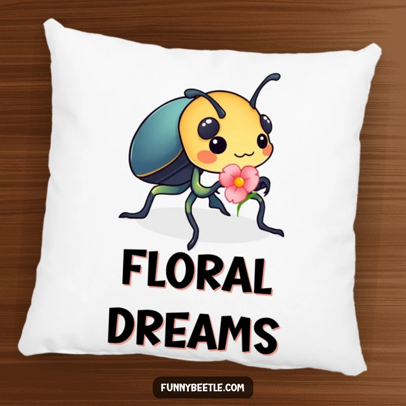 Funny pillow featuring a busy beetle carrying a bright flower petal, offering comfort and a touch of whimsical, industrious humor.