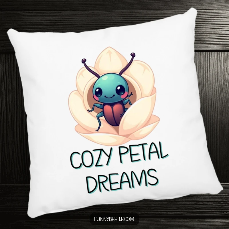Funny beetle pillow with a curious beetle peering into a miniature flower petal home, providing comfort and a dose of gentle humor.