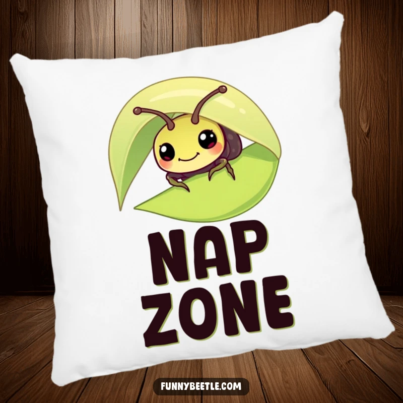 Funny pillow featuring a curious beetle peeking from beneath a large leaf, offering comfort and a touch of whimsical, nature-inspired humor.