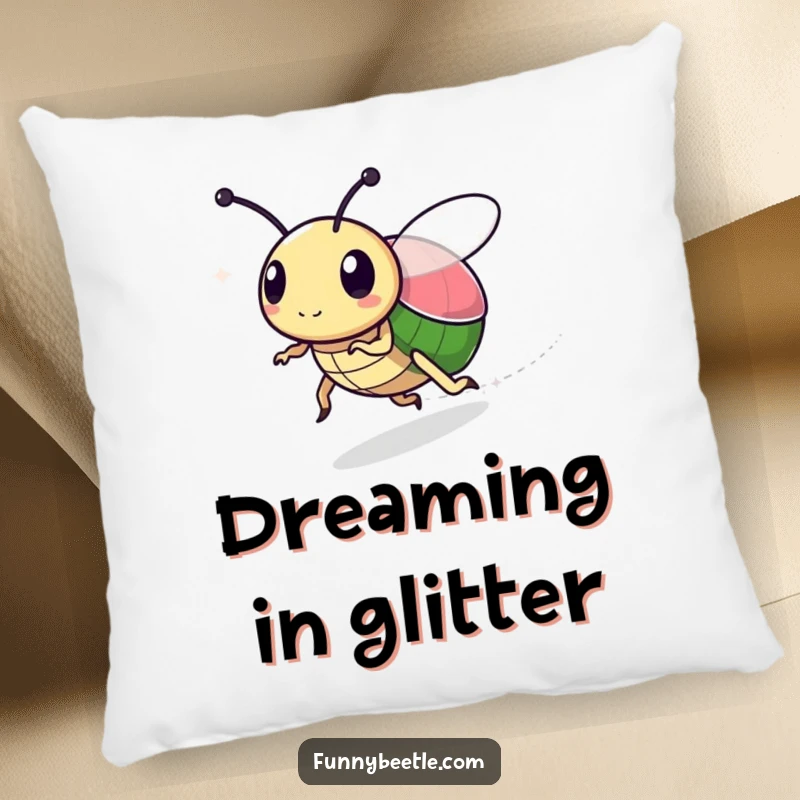 Funny pillow featuring a speedy beetle with a sparkly trail, offering cozy comfort and a humorous touch of magic and whimsy.