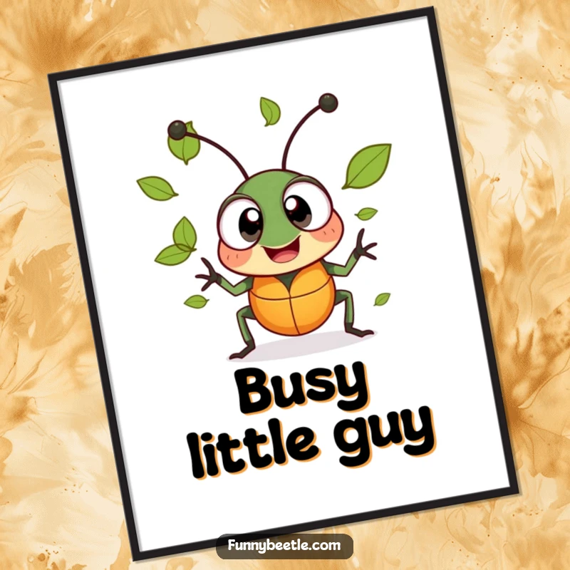 Funny digital art print of a cheerful beetle with large, excited eyes, juggling tiny leaves, radiating playful nature energy.