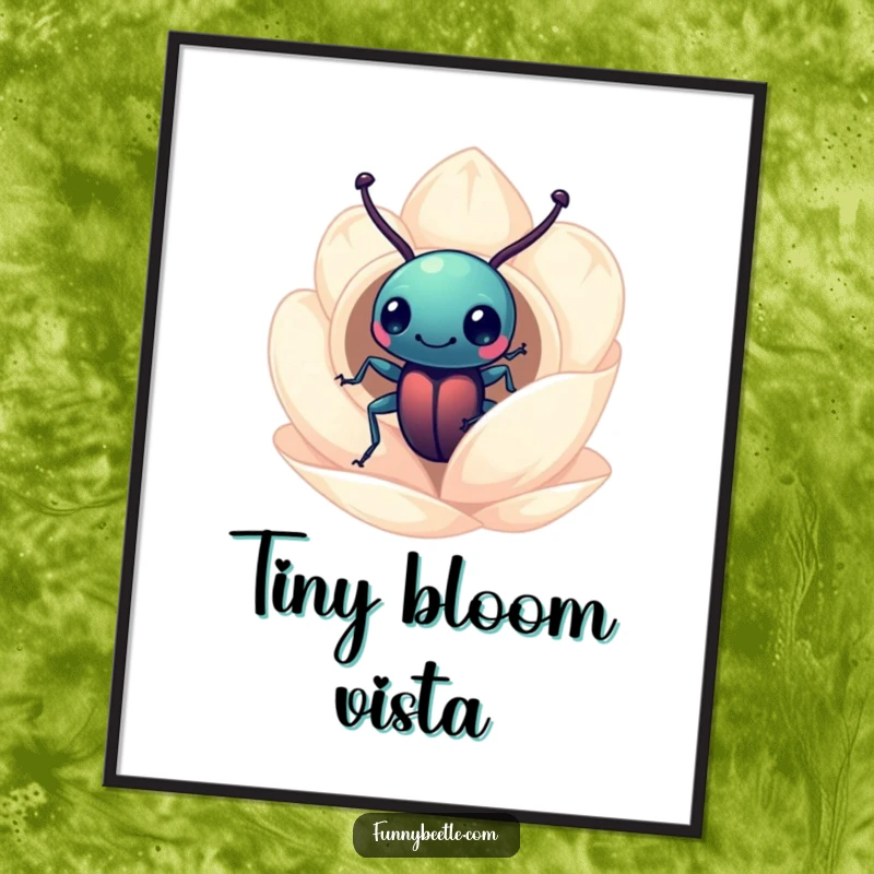 Funny beetle digital art print of a curious beetle peering into a miniature flower petal home, great for instant whimsical wall decor.