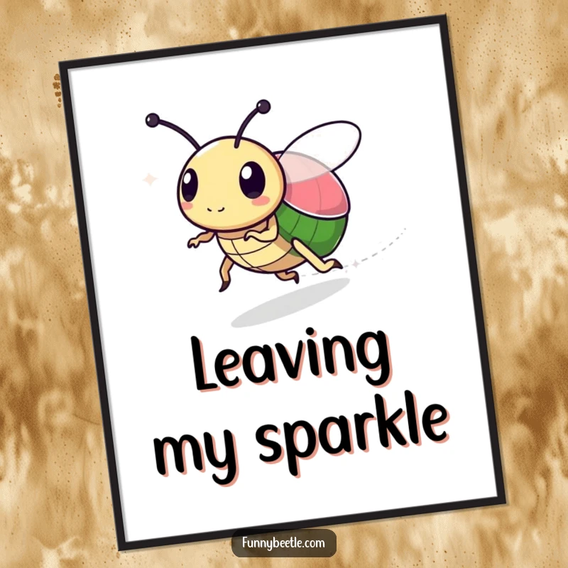 Funny digital art print of a speedy beetle character leaving a sparkly trail, conveying magic, speed, and humor for instant decor.
