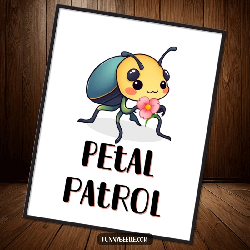 Funny digital art print of a busy beetle carrying a bright flower petal, offering instant whimsical decor and a dose of industrious charm.