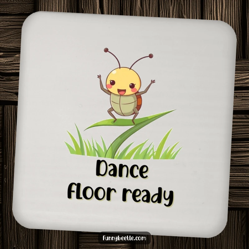 Funny beetle drink coasters depicting a joyful beetle dancing with antennae perked up on a blade of grass, adding humorous cheer to tabletops.