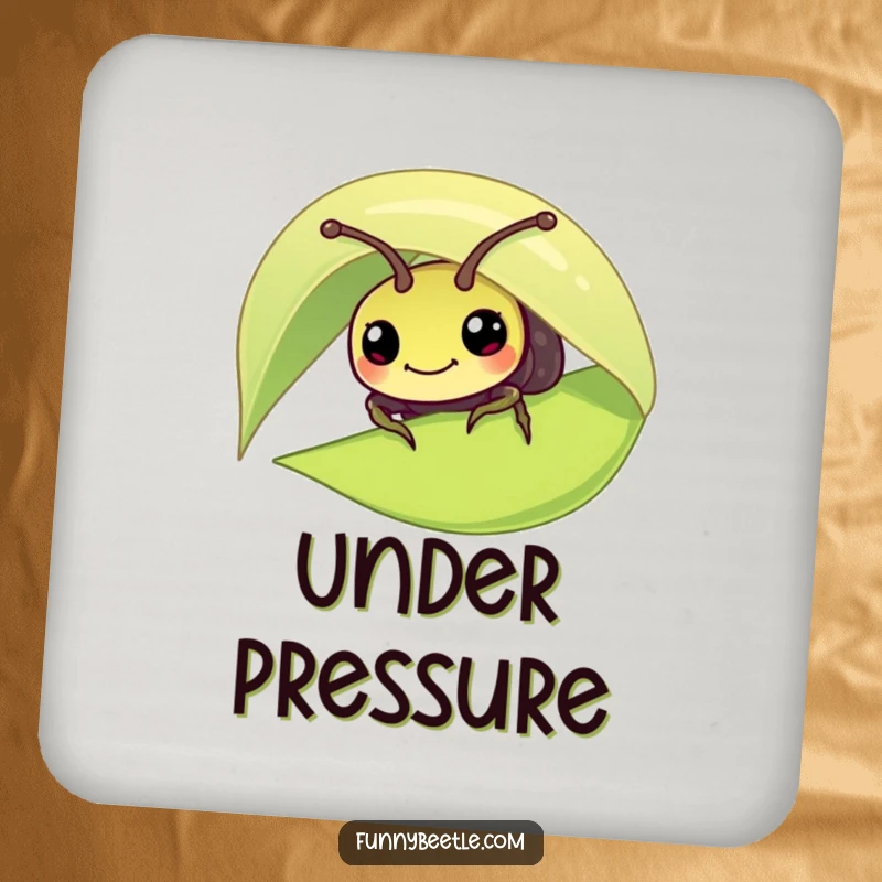 Funny drink coaster with a curious beetle peeking from under a leaf, protecting surfaces with a touch of nature's adorable humor.