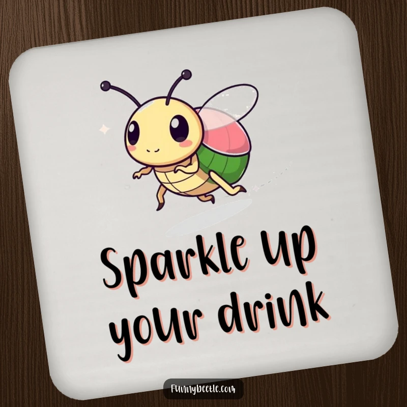 Funny drink coaster featuring a speedy beetle with a sparkly trail, adding a touch of magic and humor while protecting surfaces.