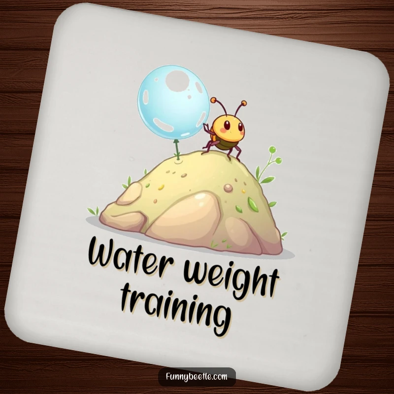 Funny beetle drink coasters depicting a happy beetle pushing a giant dewdrop uphill, adding humor to table settings.