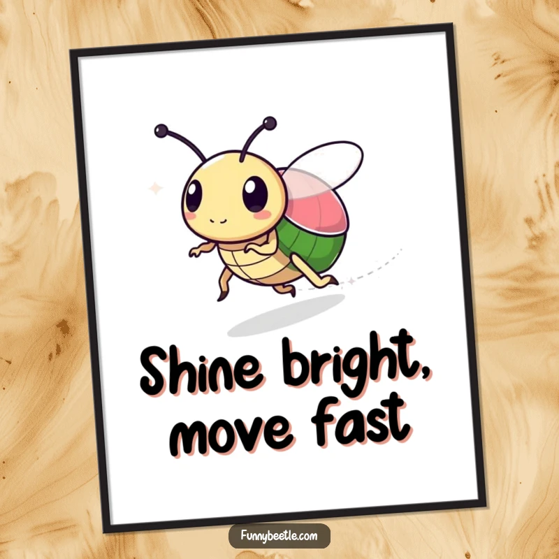 Funny poster of a speedy beetle character leaving a faint, sparkly trail, conveying a humorous sense of magic and swift movement.