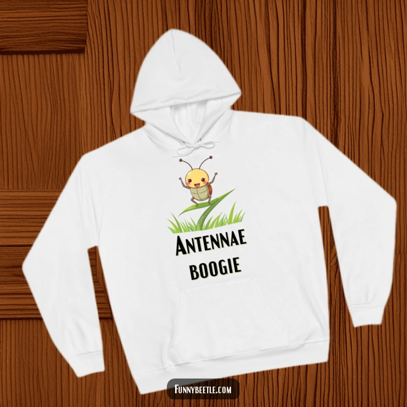 Funny beetle hoodie depicting a joyful beetle dancing with antennae perked up on a blade of grass, offering warmth and humor.