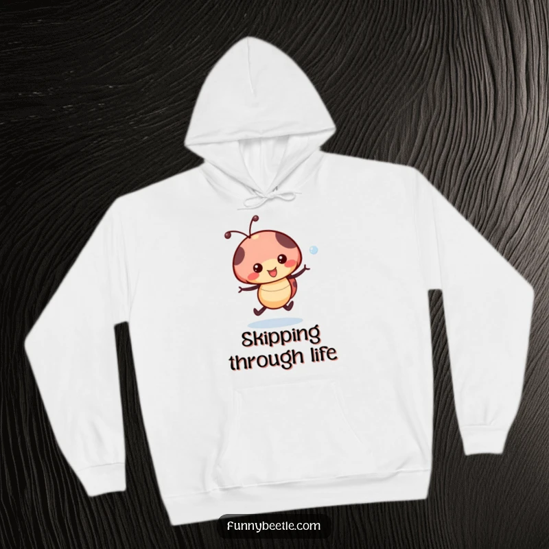 Funny Ladybug Hoodie: A happy ladybug skips with a dewdrop, offering cozy comfort and cheerful vibes.