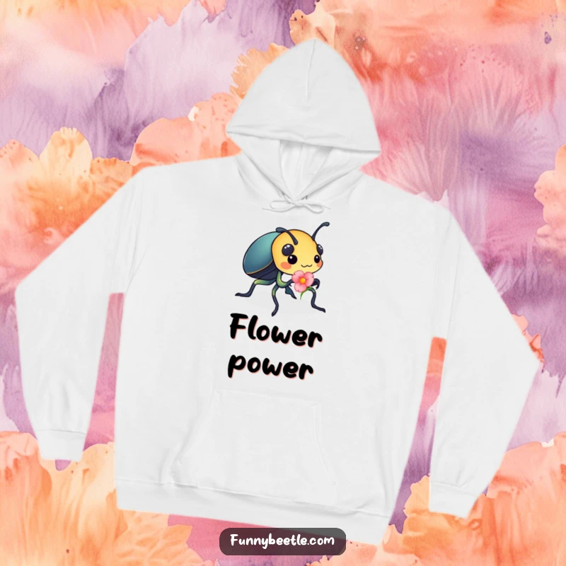 Funny hoodie featuring a busy beetle carrying a bright flower petal, offering cozy warmth and a touch of humorous, inspirational motivation.