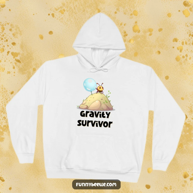 Funny beetle hoodie depicting a happy beetle pushing a large dewdrop uphill, a symbol of humorous effort and relatable struggle.