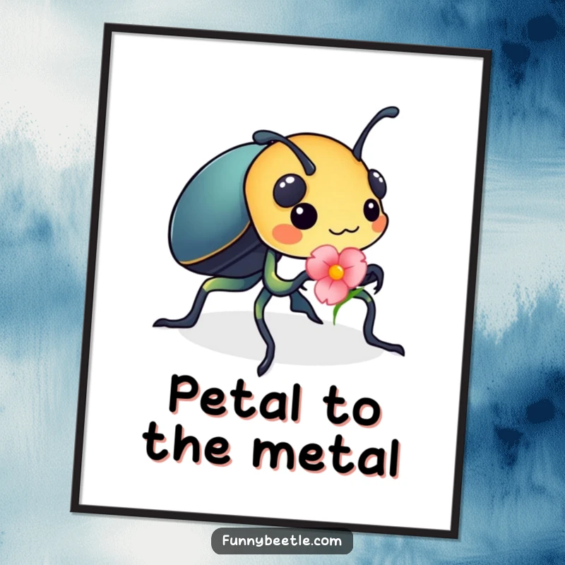 Funny Free Printable Wall Art depicting a busy beetle carrying a tiny, bright flower petal.