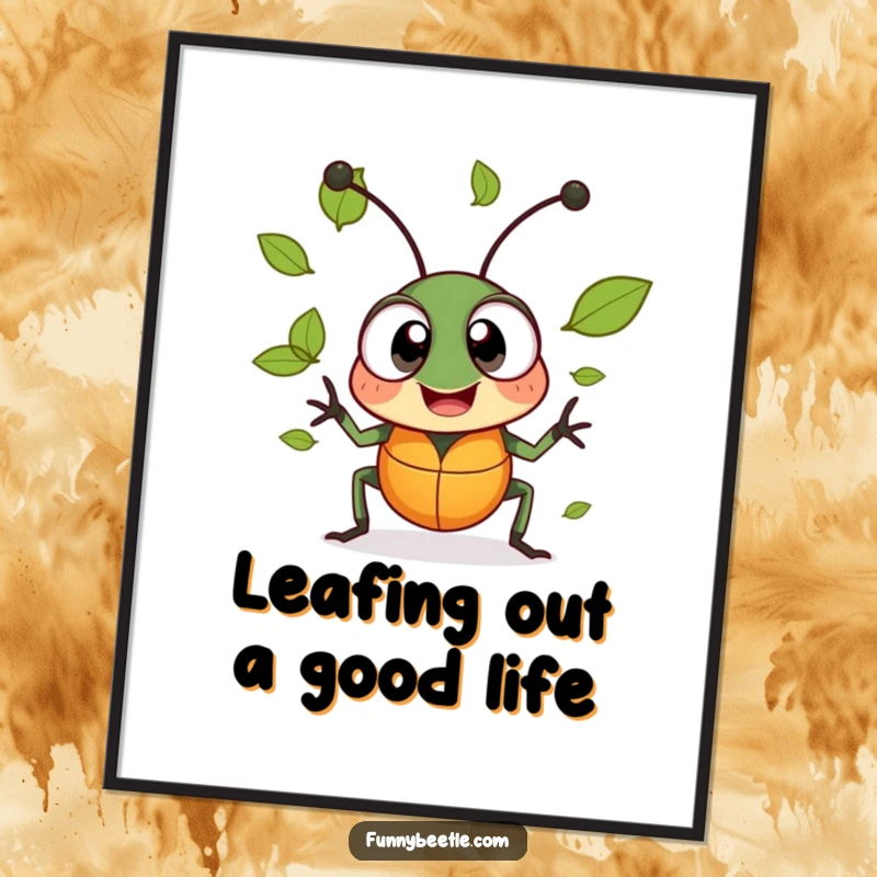 Funny Free Printable Wall Art: Cheerful beetle with large, excited eyes attempting to juggle tiny green leaves.