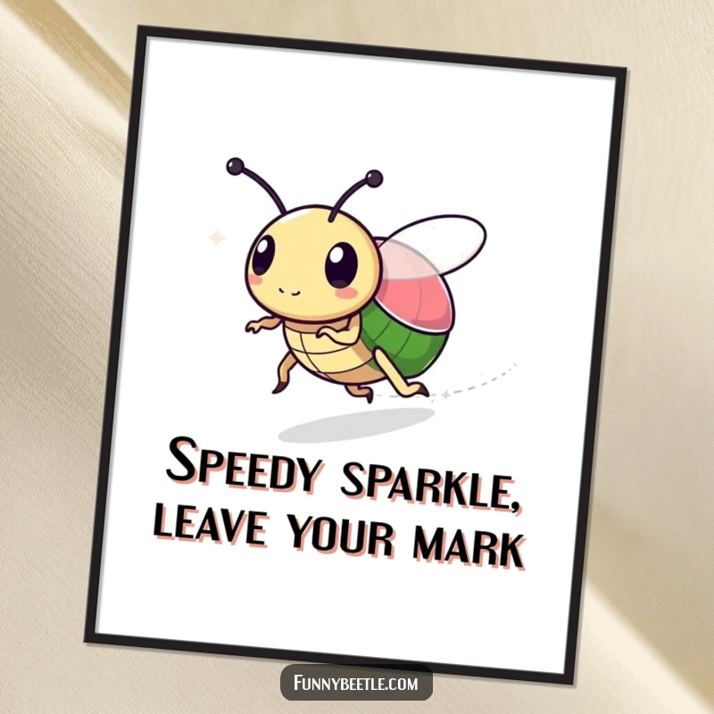 Funny free printable wall art of a speedy beetle with a faint sparkly trail, a magical downloadable art piece.