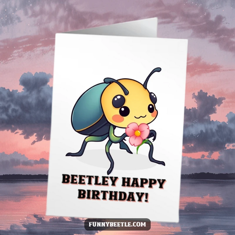 Funny Free Printable Birthday Card showing a busy beetle carrying a tiny, bright flower petal.