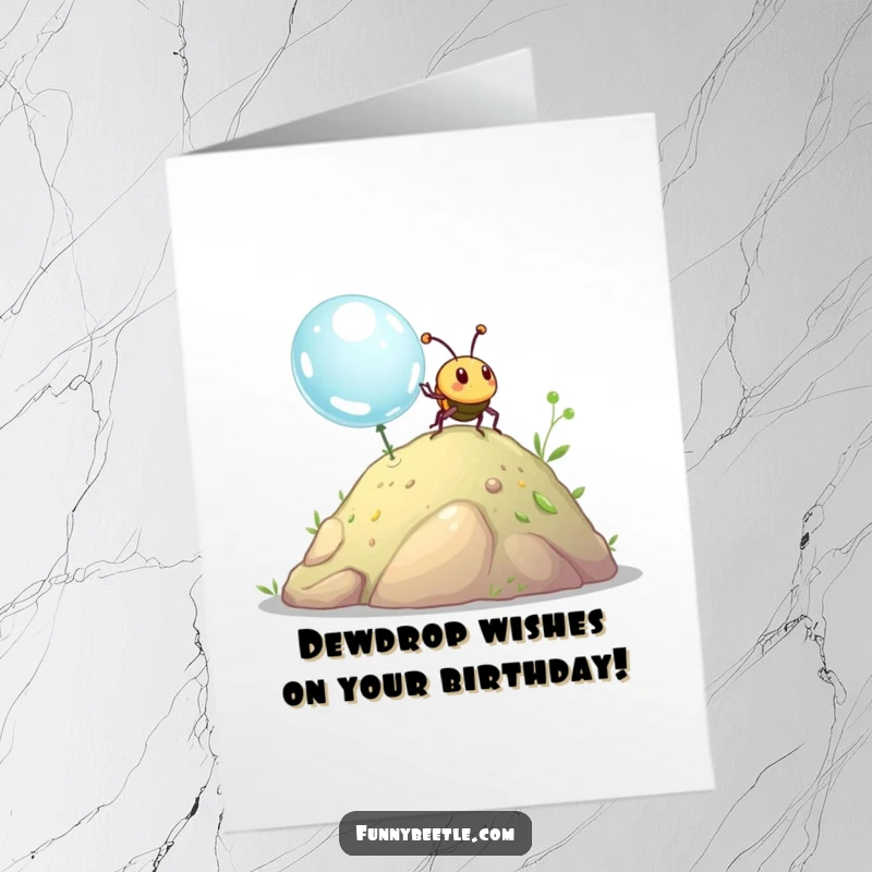 Funny Free Printable Birthday Card featuring a determined beetle struggling uphill with a giant dewdrop, symbolizing a big birthday challenge.