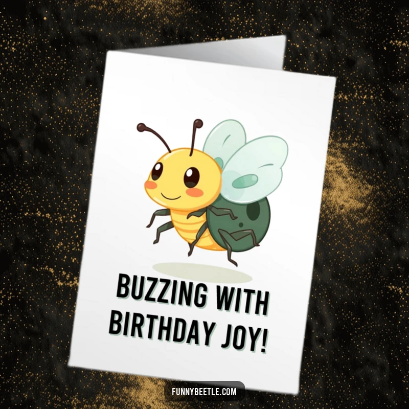 Funny free printable birthday card with a buzzing beetle in motion, legs a blur, perfect for a fast-paced digital gift.