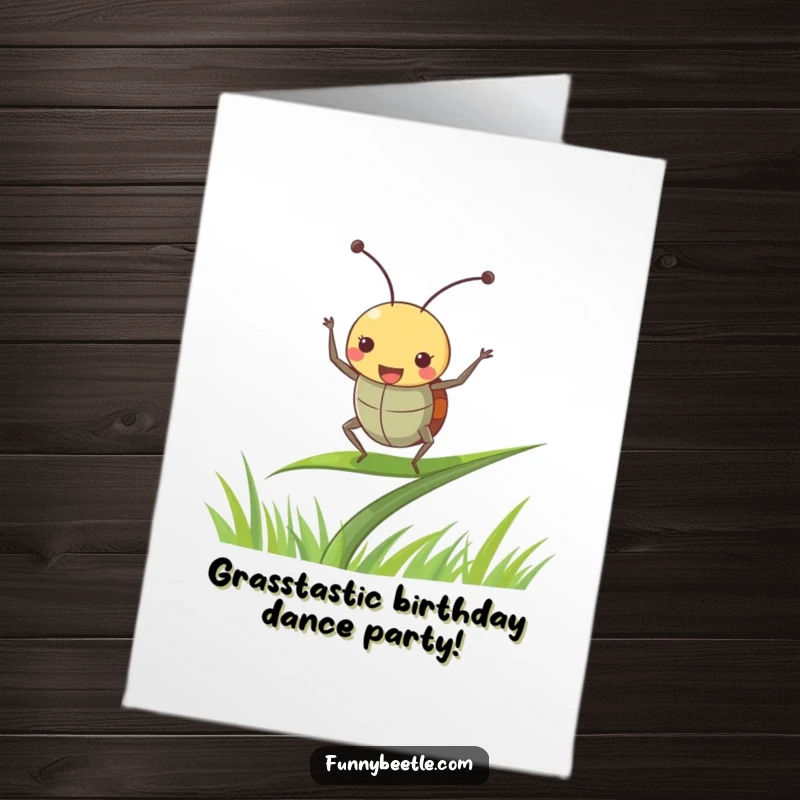 Funny Free Printable Birthday Card: A joyful beetle dancing energetically on a blade of grass, antennae perked high.
