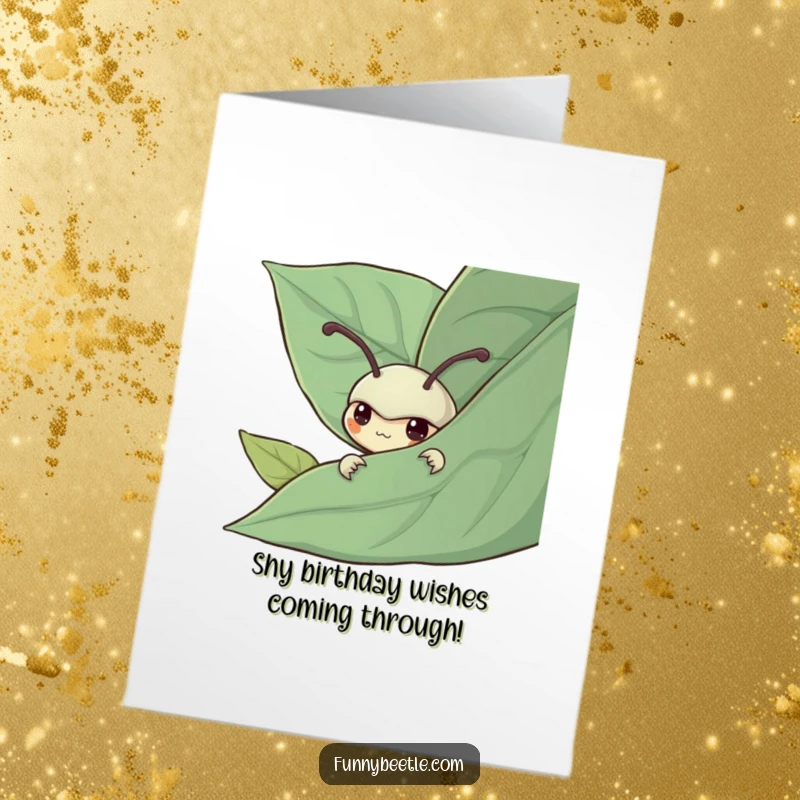 Funny free printable birthday card showing a shy beetle peeking from behind a large leaf, a cute digital download gift.