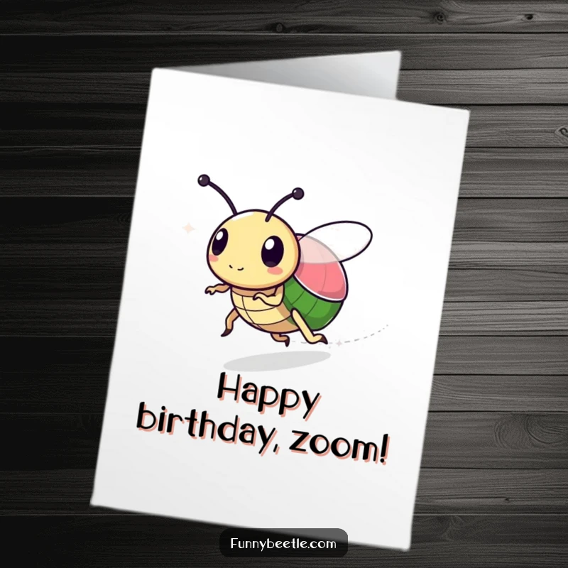 Funny free printable birthday card shows a speedy beetle leaving a faint sparkly trail, a magical digital download gift.