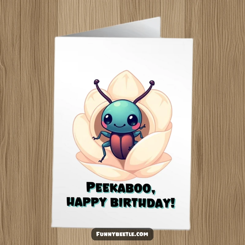 Funny Free Printable Birthday Card: A curious beetle peeks into a cozy flower petal home, full of wonder.