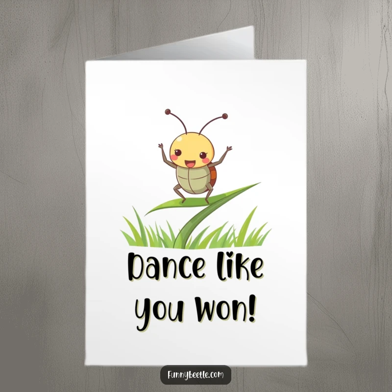Funny Free Printable Congratulations Card: A happy beetle doing a lively dance on a blade of grass.