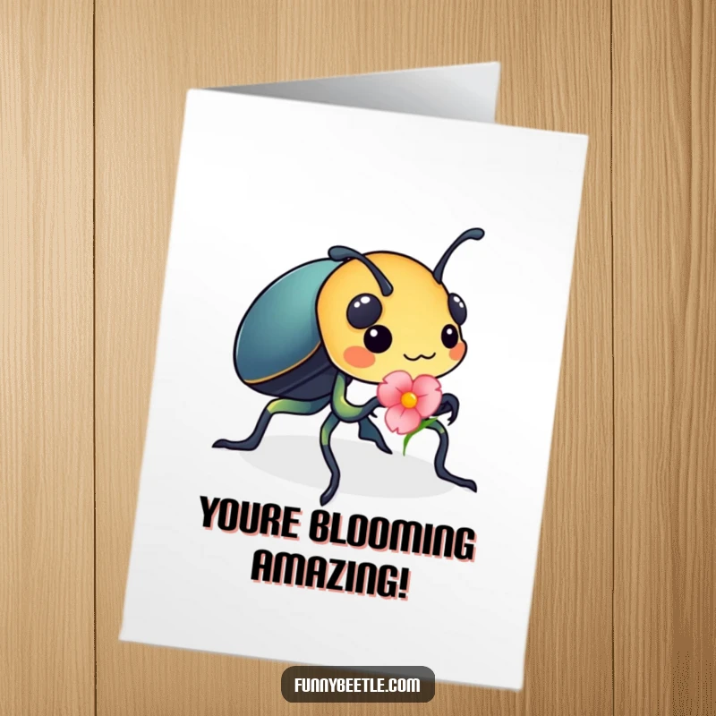 Funny Free Printable Congratulations Card with a busy beetle carrying a bright flower petal in celebration.
