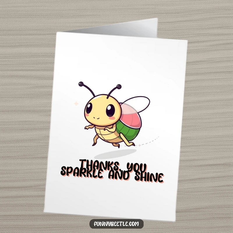 Funny free printable thank you card with a speedy beetle leaving a faint sparkly trail, a magical downloadable message.
