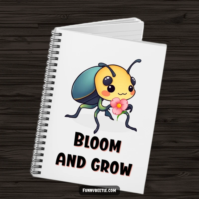 Funny notebook with a busy beetle carrying a flower petal, ideal for jotting down plans and tasks with a touch of industrious charm.