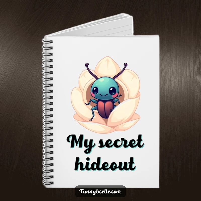 Funny beetle notebook cover with a curious beetle peering into a miniature flower petal home, perfect for notes and creative thinking.