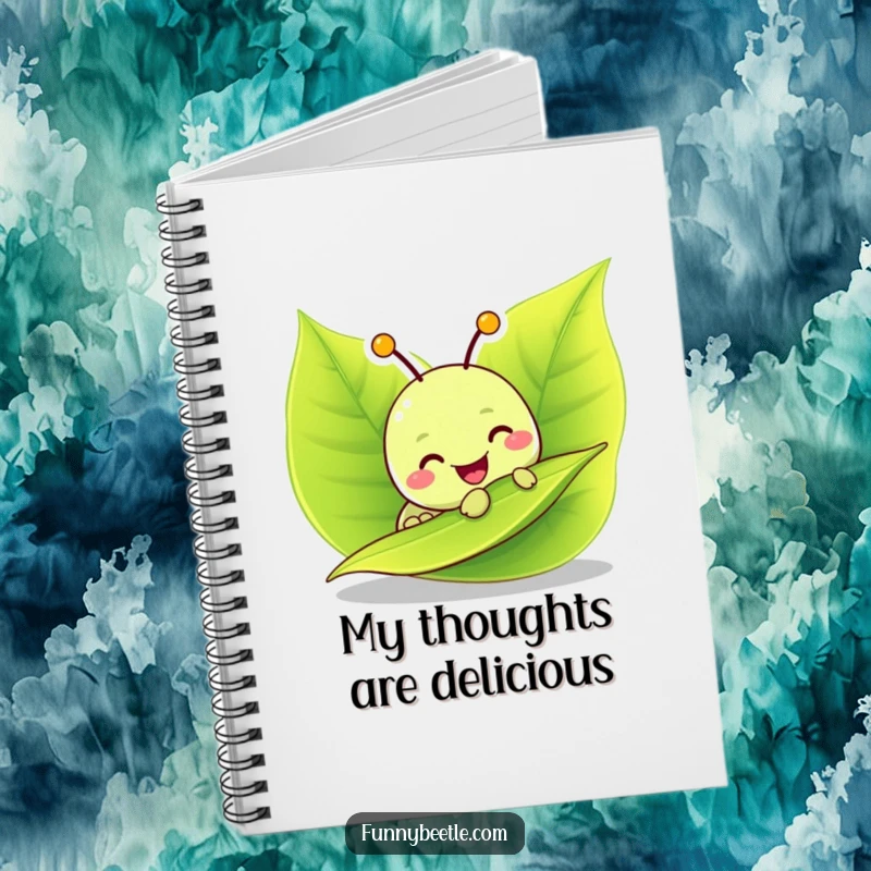 Funny notebook with a cheerful caterpillar munching on a leaf, ideal for jotting down notes with a touch of foodie fun and joy.