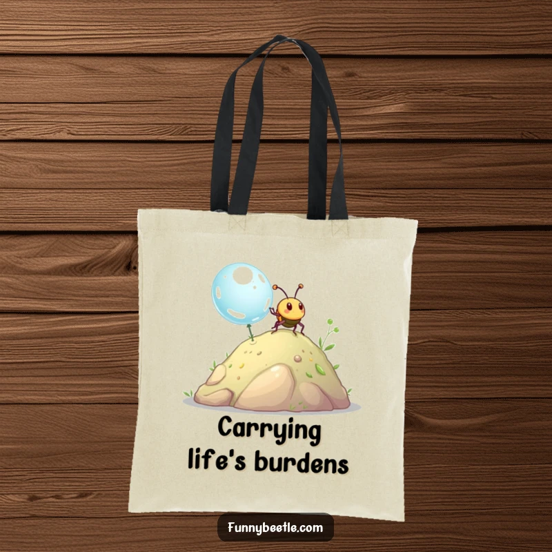 Funny beetle tote bag featuring a happy beetle pushing a giant dewdrop uphill, great for carrying goods with a humorous touch.