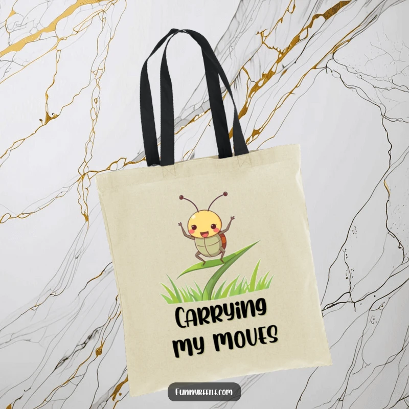 Funny beetle tote bag featuring a joyful beetle dancing with antennae perked up on a blade of grass, perfect for carrying items with flair.