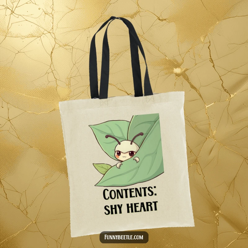 Funny tote bag featuring a shy beetle peeking from behind a leaf, representing a gentle, observant personality with understated humor.