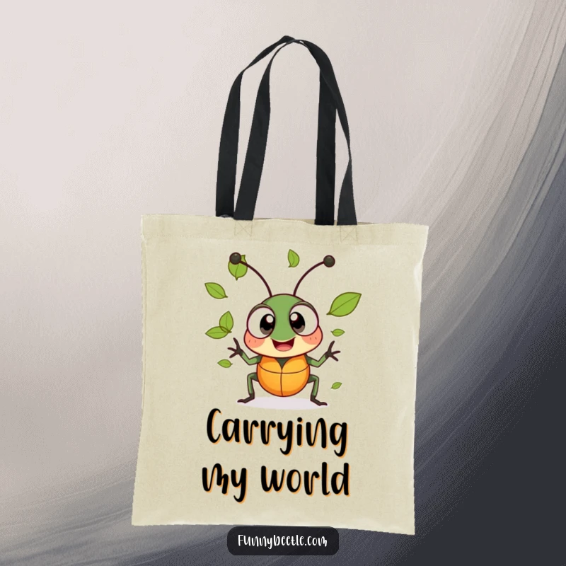 Funny tote bag depicting a cheerful beetle with large, excited eyes, juggling tiny leaves, a symbol of nature's playful spirit.